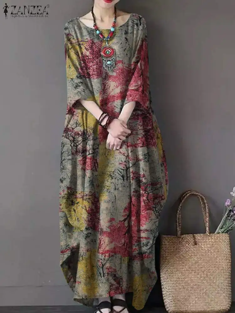 Vintage Printed Dresses ZANZEA Autumn Sundress Women Bohemian Casual Long Sleeve O Neck Dress Elegant Loose Maxi Vestidos Robe