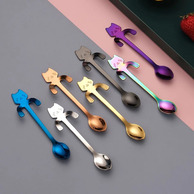 1PCS 304 Stainless Steel Cat Spoon Creative Cartoon Hanging Edge Spoon Cute Coffee Spoon Gold-plated Stirring Spoon