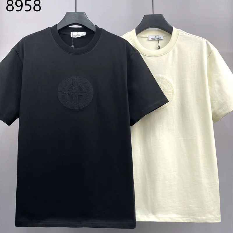 

Embroidered monogram print, trendy brand short sleeve T-shirt, men's crew neck top, base layer.