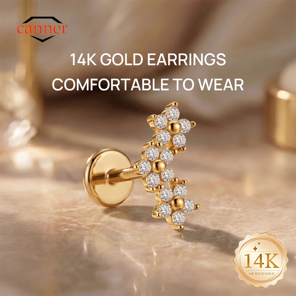 CANNER 1PC 14K Solid Gold Flowers CZ G23 Titanium Piercing Ear Bone For Women Hypoallergenic Dainty Earring Wedding Party Gift