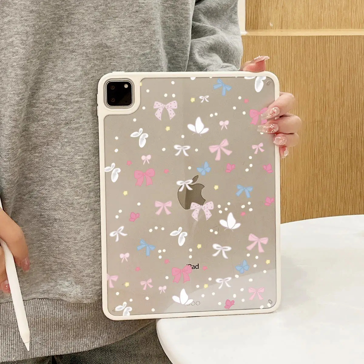 Ins Full Screen Pink Butterfly Bow Clear Cover For iPad Pro 13 11th M5 M4 12.9 A16 10 8 7 9th 10th Air 11 M2 M3 Mini Tablet Case