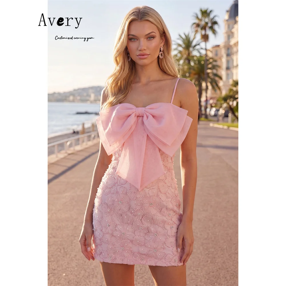 

Avery Custom Pink Skirt Spaghetti Straps Bow Evening Dresses Woman Elegant Woman Dress Prom Dresses 2026 Luxury Prom Party Women