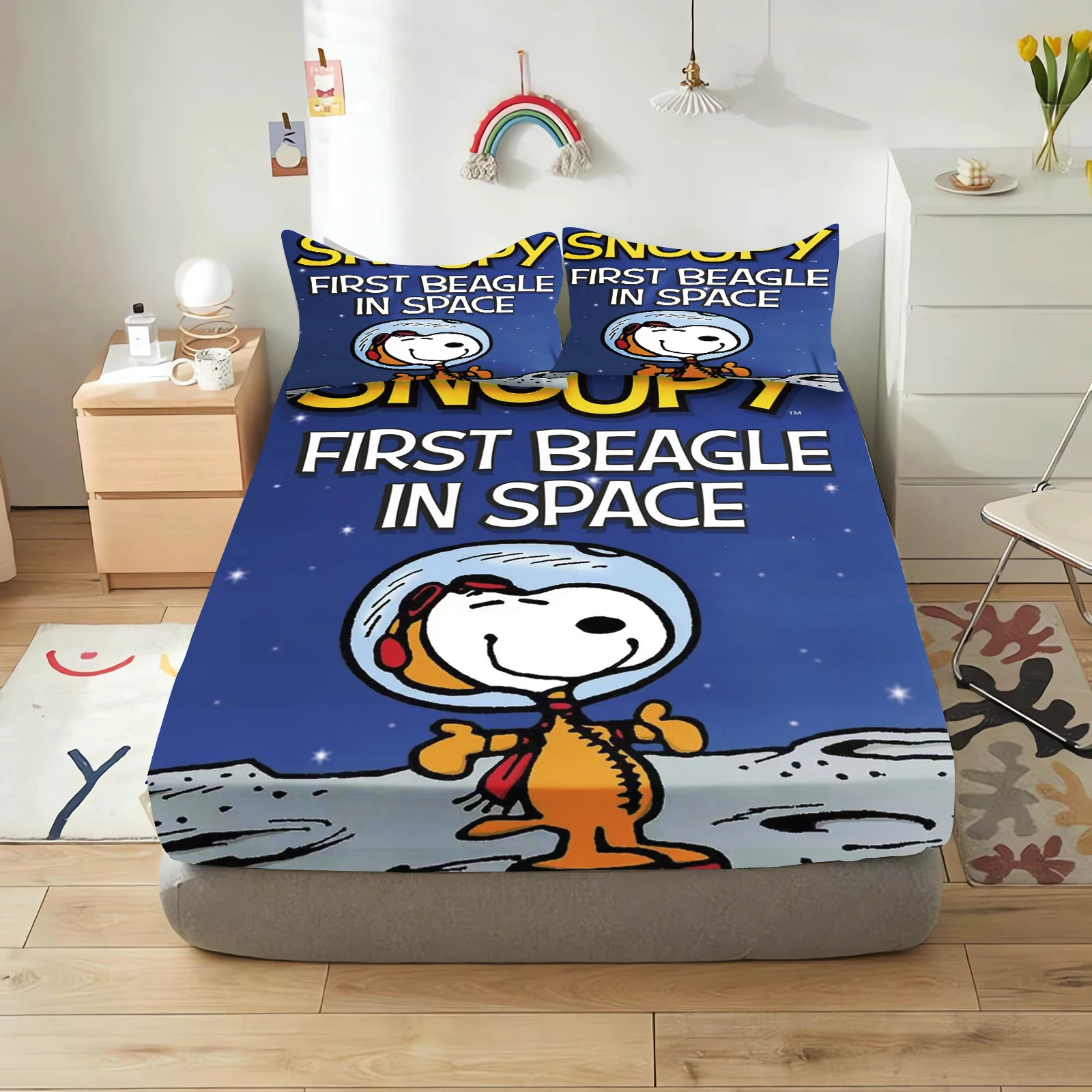 Snoopy conjunto de cama dos desenhos animados lençóis cabidos colcha feliz filhote de cachorro conjunto capa king size crianças impresso 100% poliéster