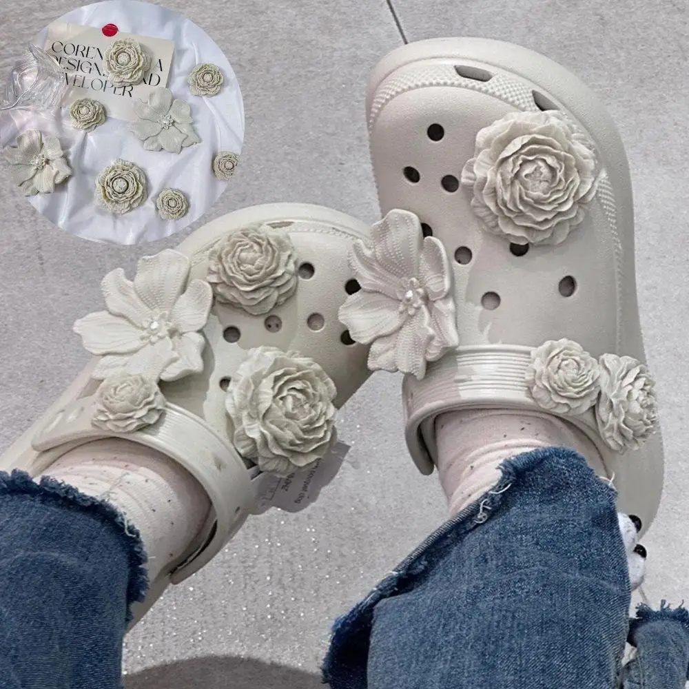 

Bone White Flower Charms With Pearl Shoe Charms Set DIY Decoration Buckle For Summer Sandals Hole Shoes Accessories Shoe Charms