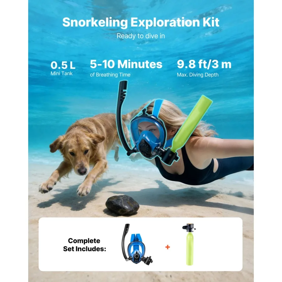 

Mini Scuba Tank with Sub-Mask, 0.5L Portable Small Diving Tank for Underwater Breathing, Reusable Lung Diving Cylinder up to 10