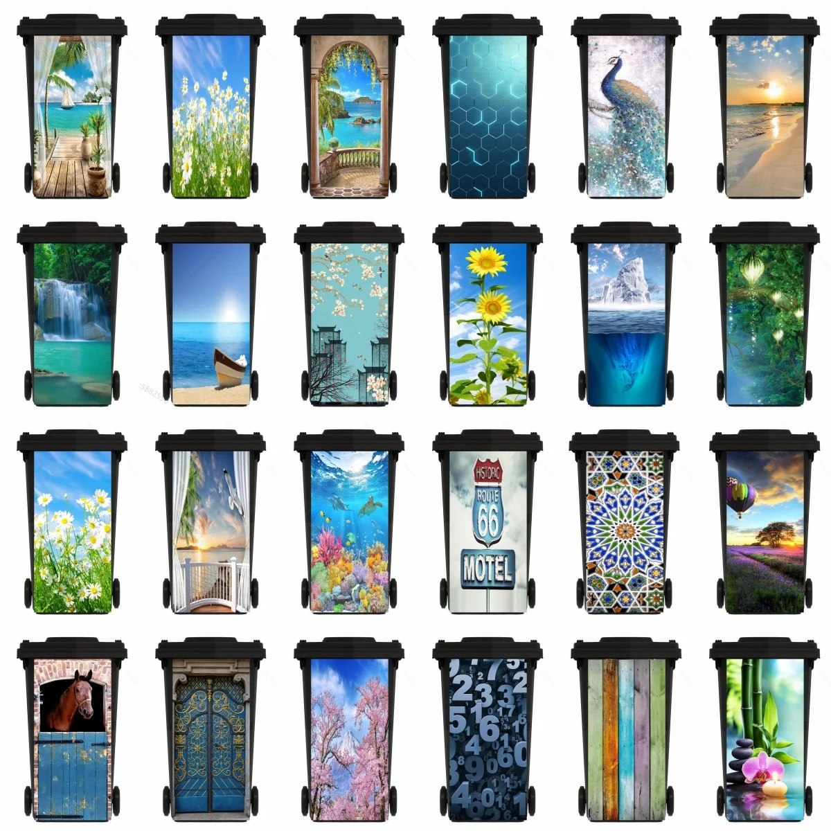 สติกเกอร์ติดถังขยะรูปทิวทัศน์ธรรมชาติ3D ติดเองบนชายหาดสีฟ้าสติกเกอร์ติดผนังกันน้ำลอกออกได้ติดผนัง DIY ฝาปิดถังขยะสำหรับบ้าน