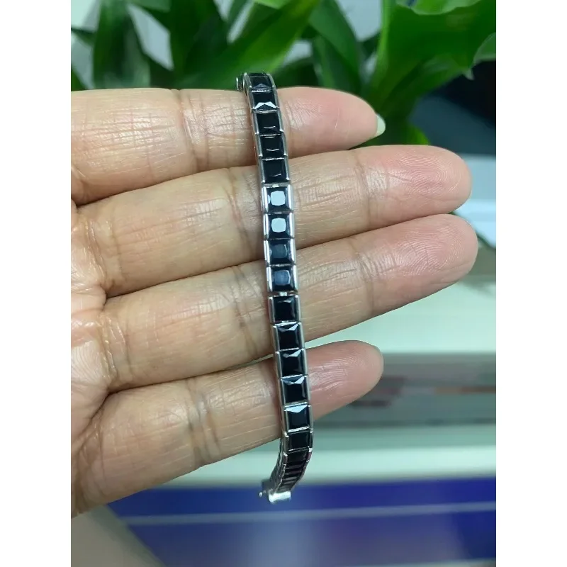 Ruihe New 925 Silver 4x4mm Square Shape Natural Black Spinel Gemstone Fashion Jewelry Party Gifts Couple Men Bracelet