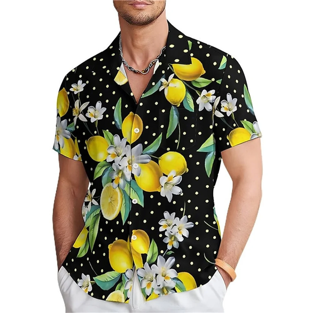 2024 New 3D Printed Fruit Lemon Casual Men's Shirt Weekend Summer Slim Yellow Black Short Sleeve Four-Way Stretch Fabric Shirt