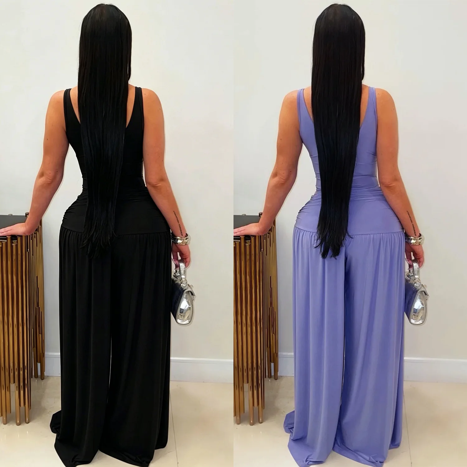 C77792026 New Women's Solid Color U-neck High-waisted Slim-fit Wide-leg Pants, Erotogenic And Stiglich Jumpsuit For Random Wear