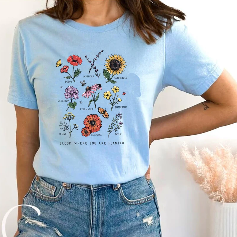 Y2k Summer Fashion Graphic T Shirt for Women Vintage Bloom Where You Are Planted T-shirt Ladies Trendy Retro Wildflowers Top