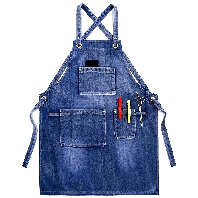 

Durable Denim Kitchen Apron for Barber Shop Cafe Restaurant Staff - Oil-Resistant Workwear for BBQ Baking Painting & Garden Use