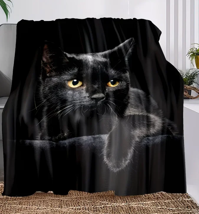 Black Flannel Cat Print Super Soft Ultra Cozy Blanket - Throws for Warmth Perfect Luxurious Gift for Couch, Sofa, Bed, Camping