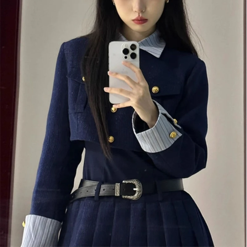 Korean Y2K Blazer Dresses Two Piece Set Fashion Long Sleeve Short Jackets Tops with Mini Pleated Dress Suit Streetwear for Women