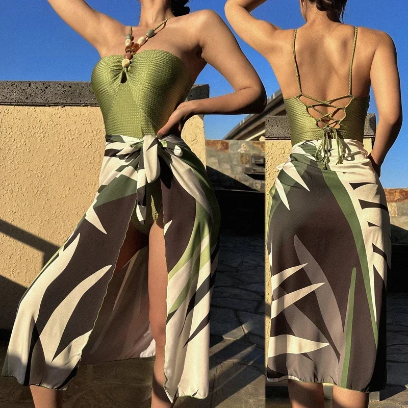 

Slim Lace Up Cutout One-piece Swimsuit Women Stones Beaded Belt Swimsuit Asymmetric Cover Up Swimwear Beach Bathing Suit