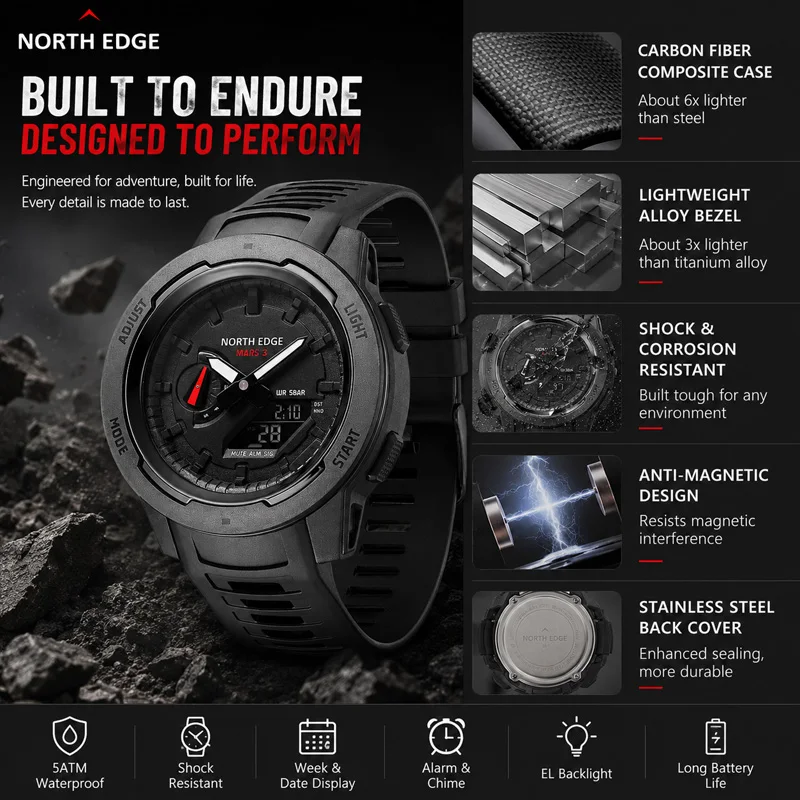 NORTH EDGE Mars 3 Men's Military Watch Digital Carbon Fiber Case For Man Waterproof 50M Sports Watches World Time LED Wristwatch