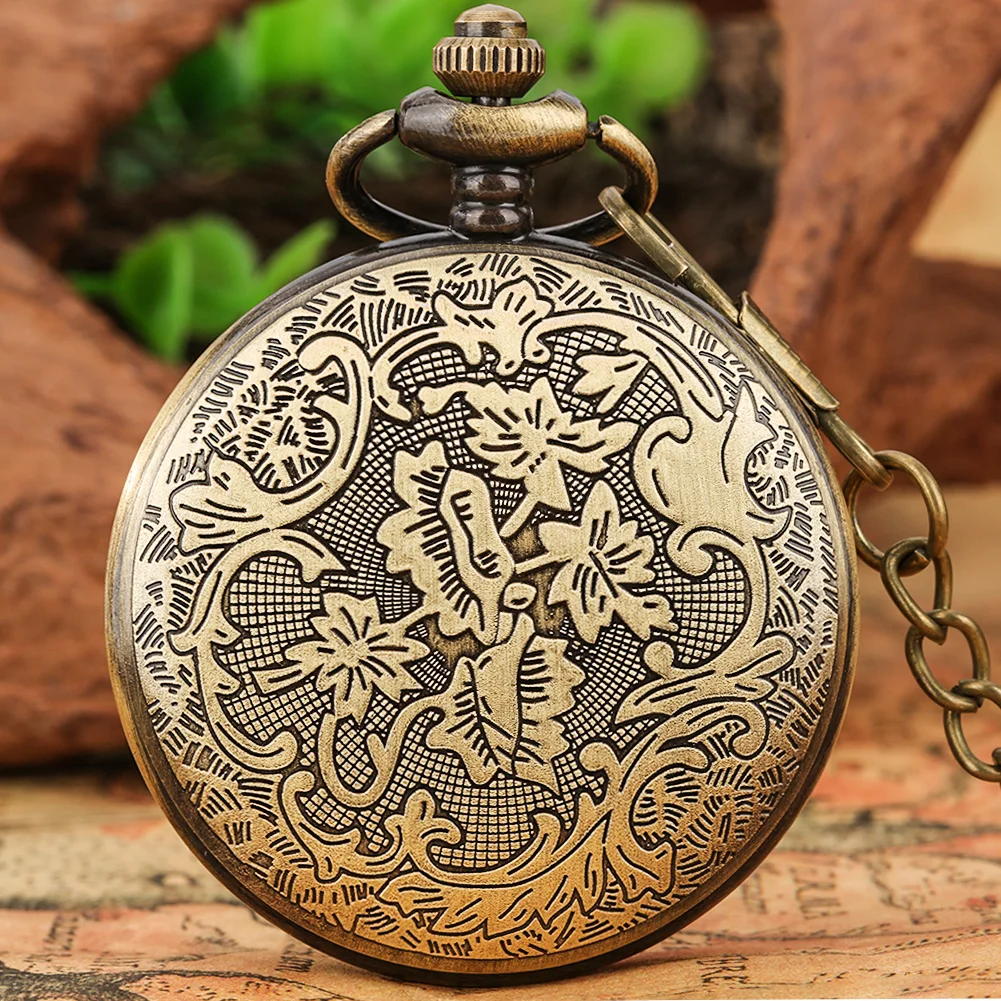 Bronze Vintage Round Wood Decorative Quartz Pocket Watches Men Women Arabic Numeral Antique  Necklace Fob Chain Pocket Timepiece