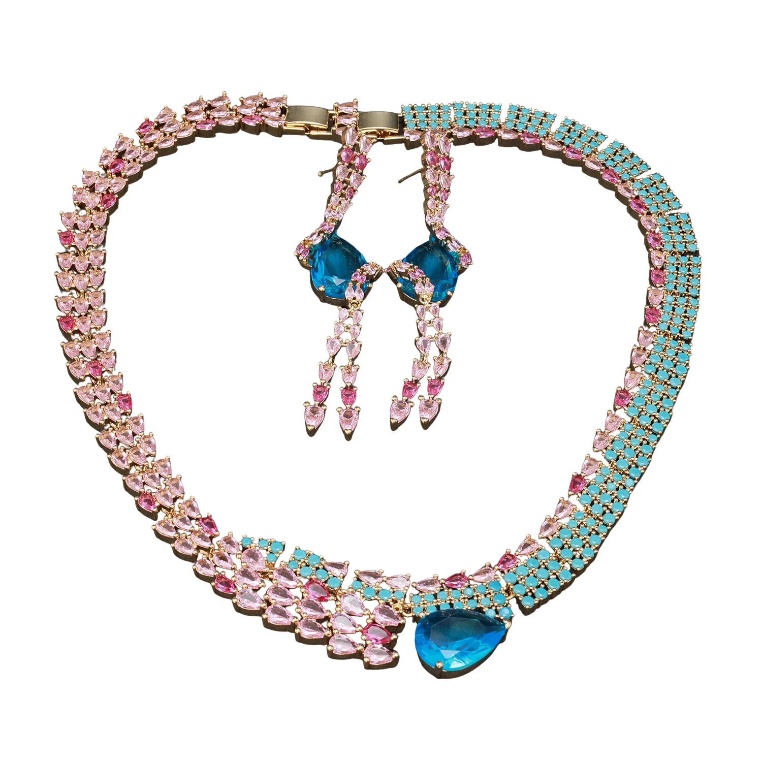 Women Bridal Wedding Jewelry Set, Pink Blue Color Contrast Teardrop Cubic Zirconia Pendant Necklace and Earrings, Light Luxury E