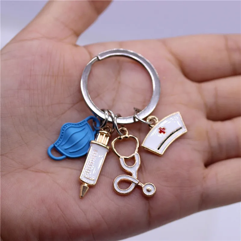 Creative White Medical Angel Key Chain Nurse Doctor Mask Keychains Medical Aid Personnel Key Ring Syringe Stethoscope Pendant