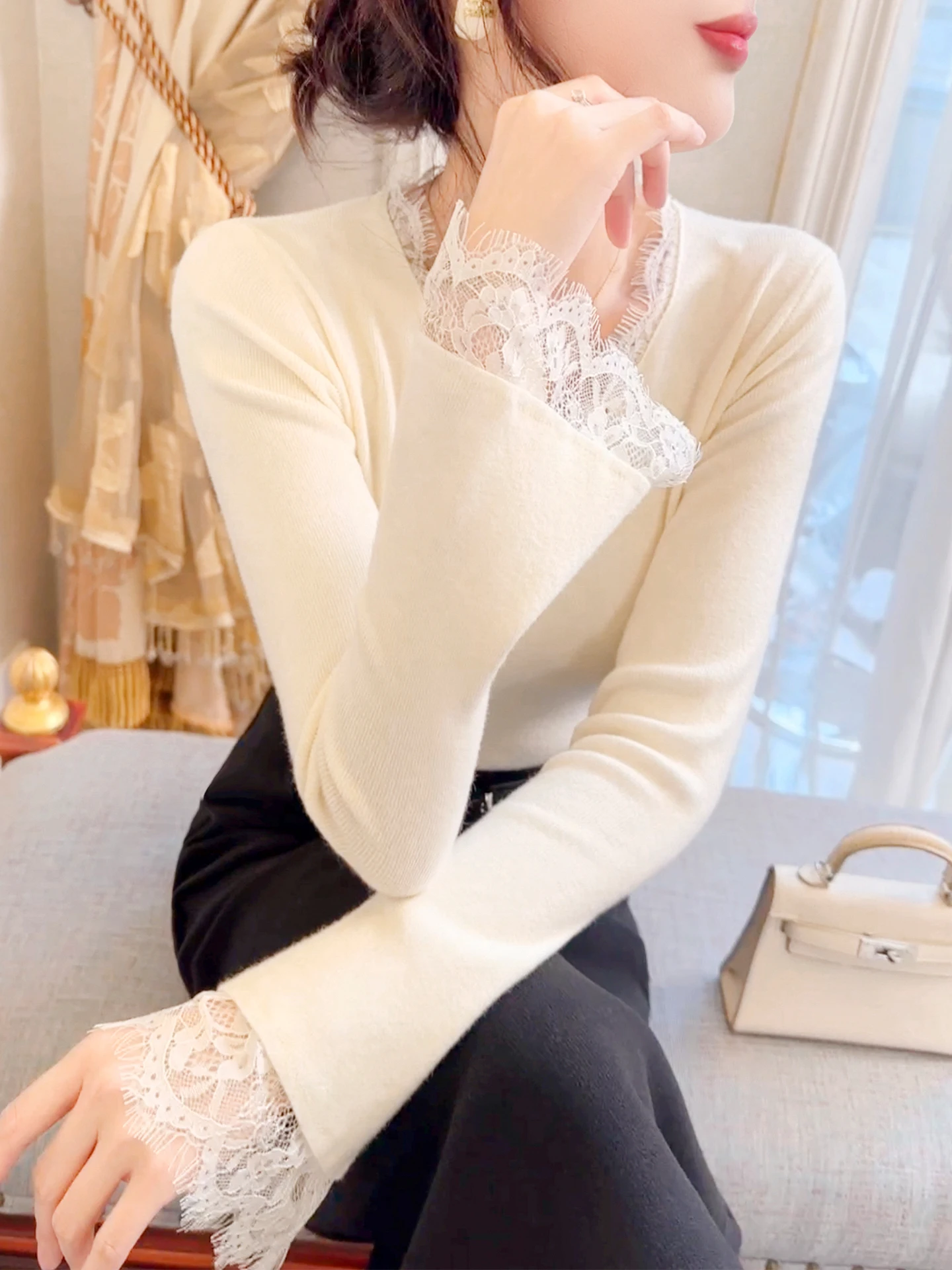 

Корейский вязаный свитер с кружевом Pure Desire, женский осенне-зимний длинный топ на основе свека, свободный крой, повседневная одежда