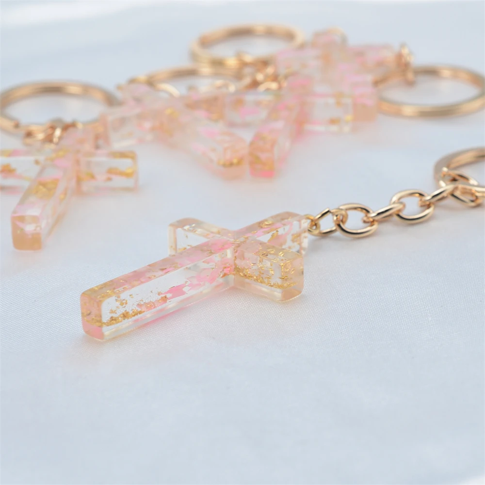 Fashion Exquisite Dried Flower Filling Resin Cross Keychain For Women Men Jewelry Gifts Key Cross Pendant Key Ring Bag Accessory
