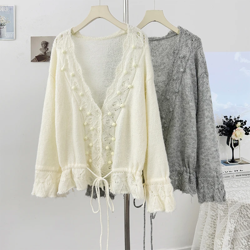 V-neck Hollow Loose Casual Long-sleeved Cardigan Women Autumn New Korean Style Lace-up Solid Color All-match Knitted Tops