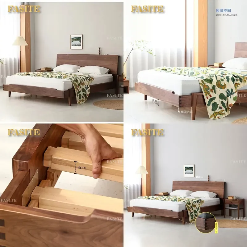 For 1.8m 1.5m Nordic Simple Black Walnut Solid Wood Bed Modern Log Frame Master Bedroom Wedding Furniture Durable Stylish