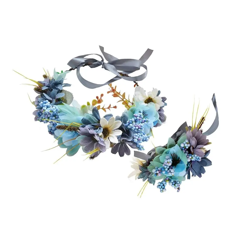 

Vivivalue Flower Wreath Crown Boho Flower Headband Hair Garland Floral Headpiece Halo with Wrist Wedding Party Festival Photo