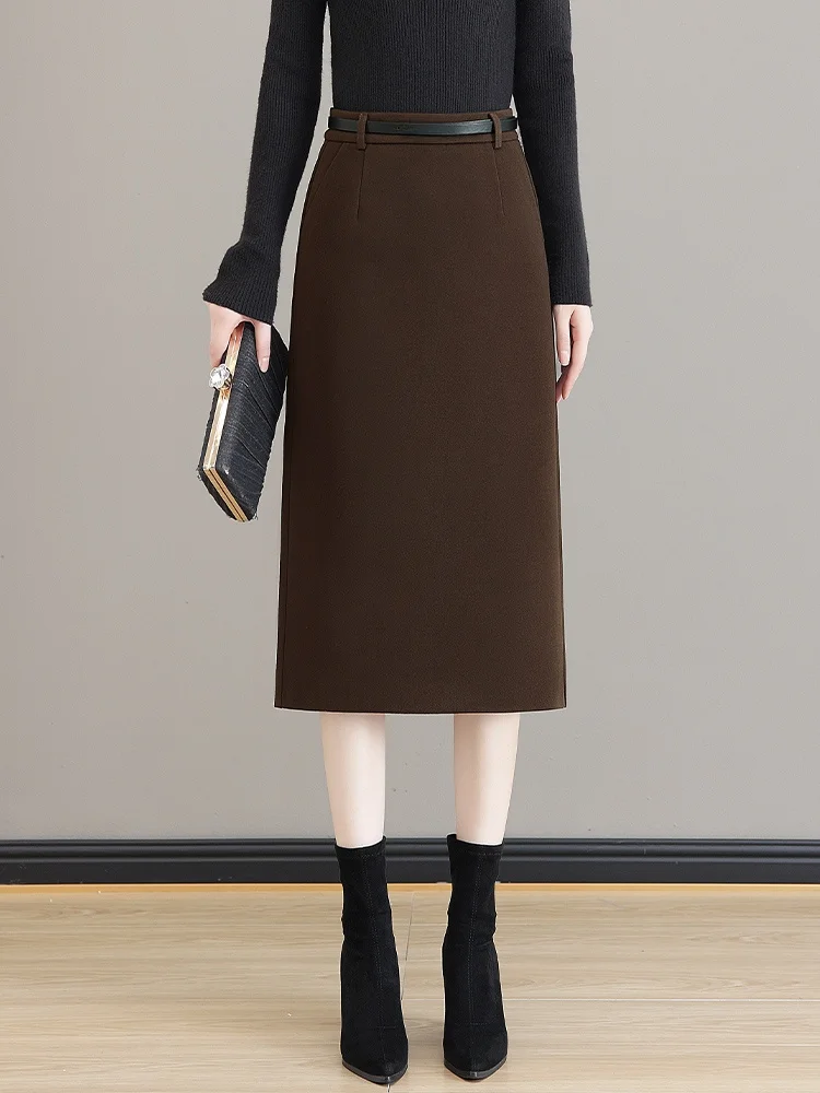 

Карамельная шерстяная юбка миди для женщин, осенне-зимняя новинка, с высокой талией, облегающая, в корейском стиле, для офиса