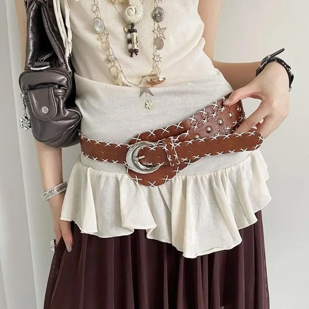 다목적 한국 여성 벨트 커피 Y2k 와이드 허리 벨트 가죽 고딕 드레스 청바지 벨트 숙녀/소녀