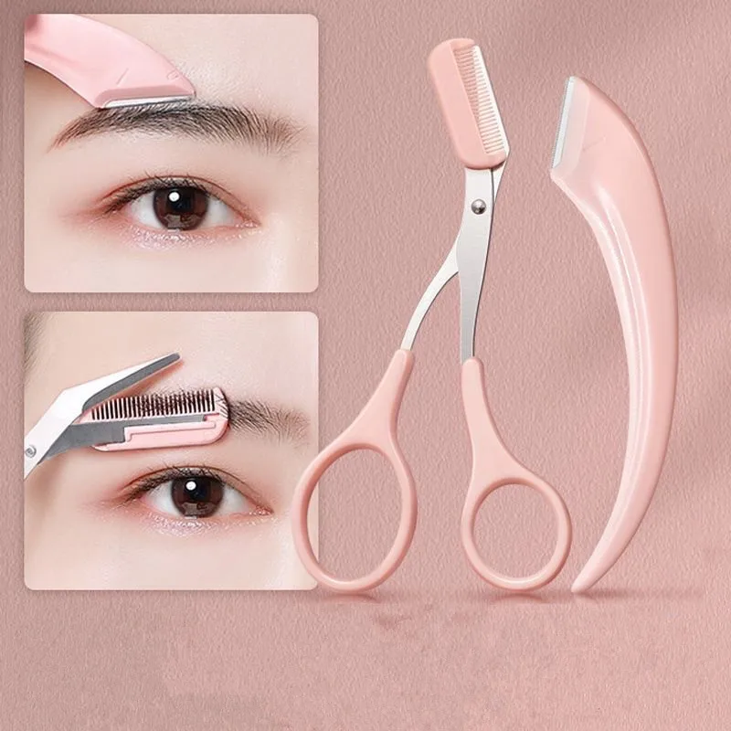 مجموعة تشكيل الحواجب من الفولاذ المقاوم للصدأ 2 في 1، ماكينة حلاقة ومقص آمنة مضادة للخدش مع مشط قابل للفصل، مجموعة أدوات العناية الدقيقة المحمولة