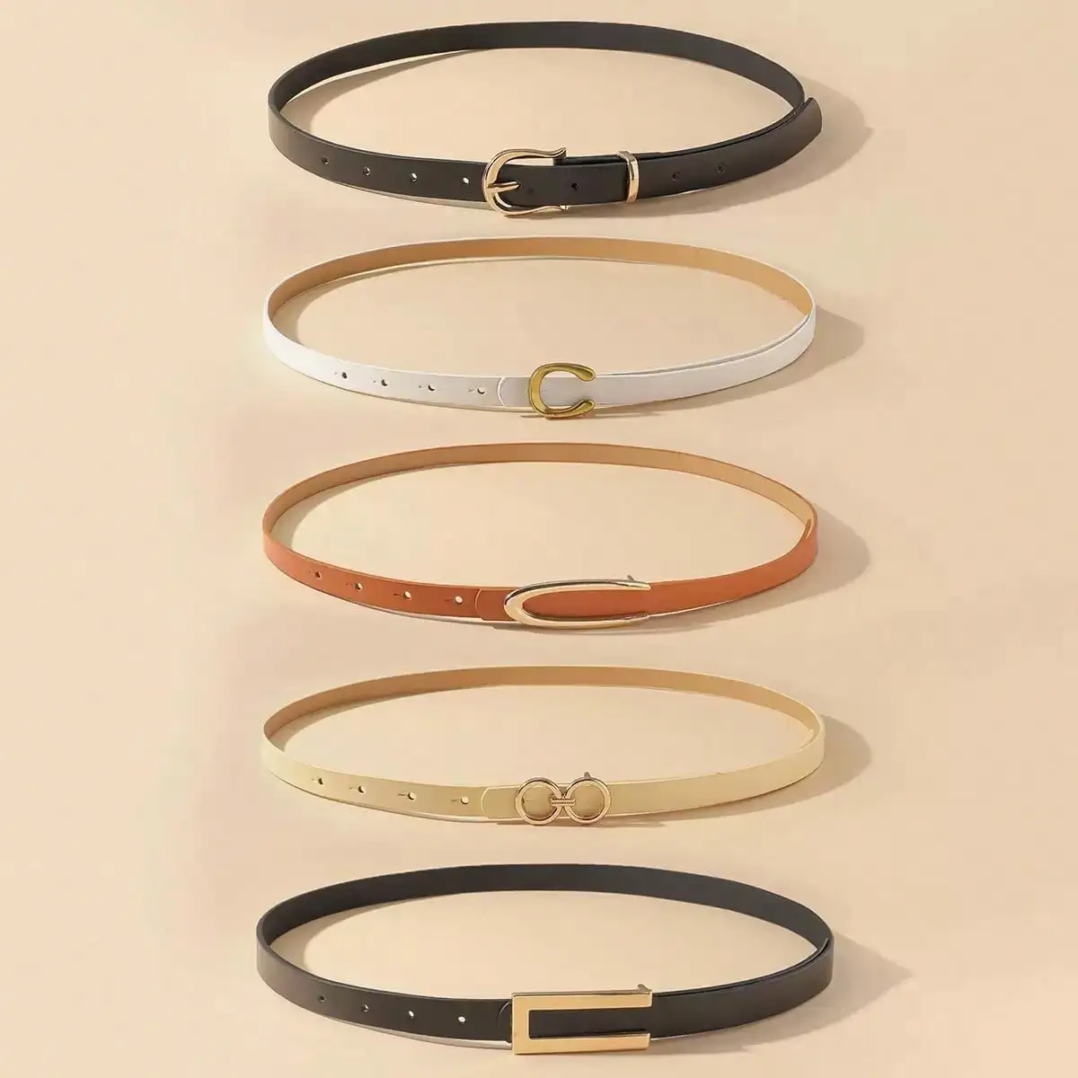 

5pcs Women's Belts With Golden Decorative Buckles, In Four Colors: Black, White, Brown, And Khaki - Versatile Fashion Casual Belts, Suitable For All Seasons (Summer, School Settings, Autumn, Fall, Belts For Women, Belt, Belts