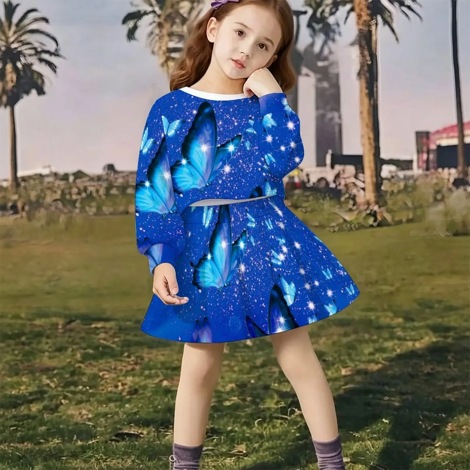 Lovely Kawaii Fairy Style Girls Outfit Long Sleeve Print Top A-line Skirt  Soft Breathable  For Wedding Flower Girl Party