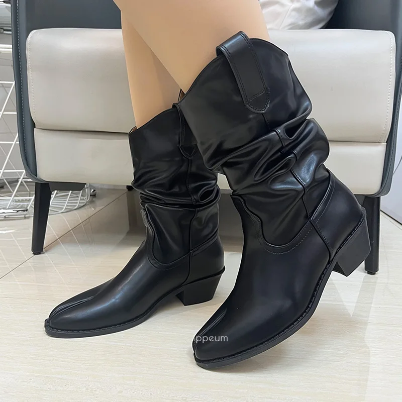 IPPEUM Western Boots Women Split Toe Shoes Coowboy Boots Black Pu Leather Autumn Winter Block Heel Mid Calf Cowgirl Botas