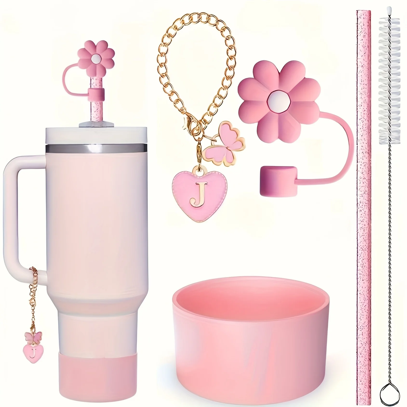 5PCS D M Letter Butterfly Love Pendant Cup Accessories Set for 30oz 40oz Cups with Handle Includes Straw Topper Cover