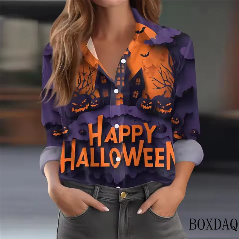 2026 Women's Fashion Casual Blouse Long Sleeve Lapel Button Halloween Theme Pattern Printed Autumn Shirts