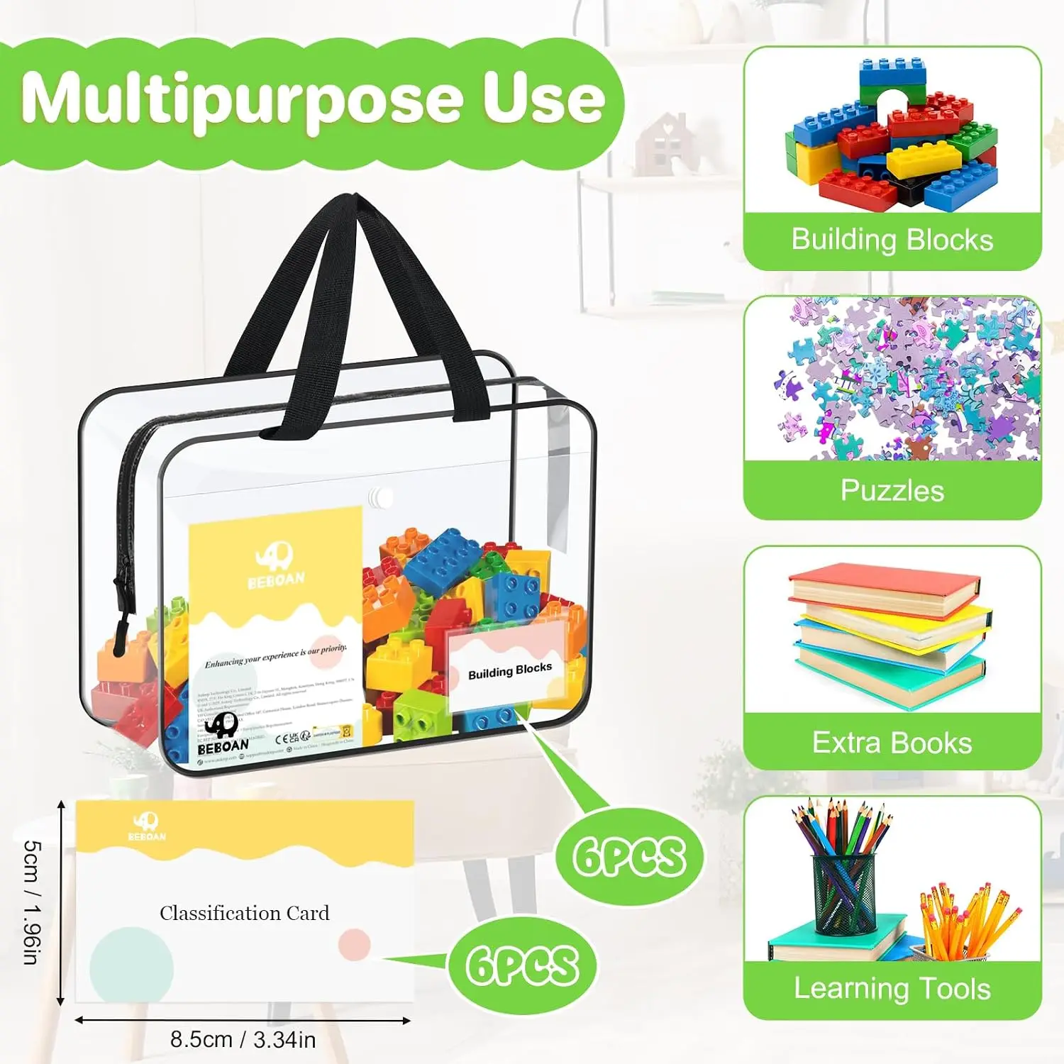 6 Packs Storage Bags with Compartment, Portable PVC Clear Organizer with Handle and Zips, Waterproof Storage for Lego