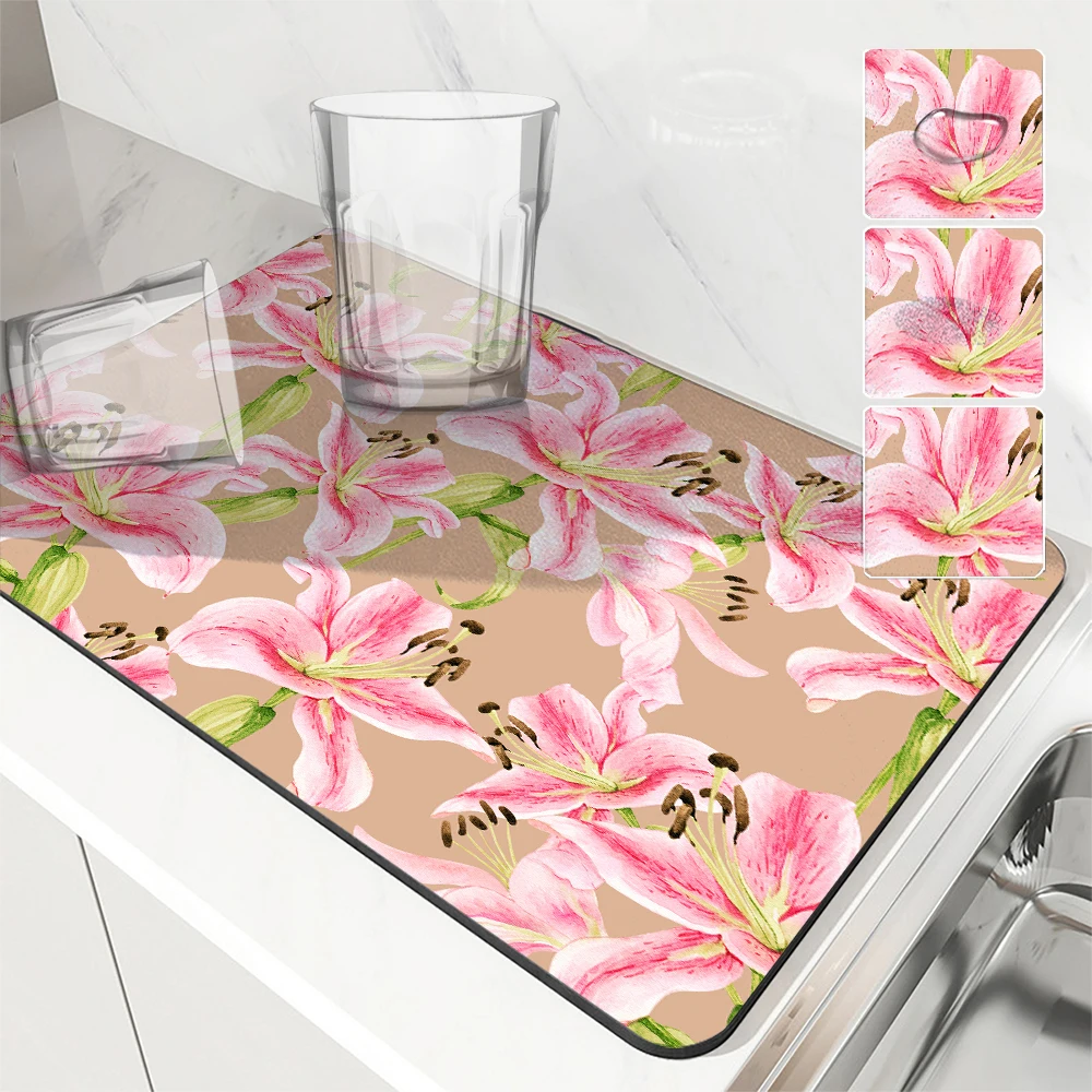 Watercolor Art Absorbent Mat Plant Flower Draining Mat Kitchen Tableware Drying Tableware Non-slip Carpet Tableware