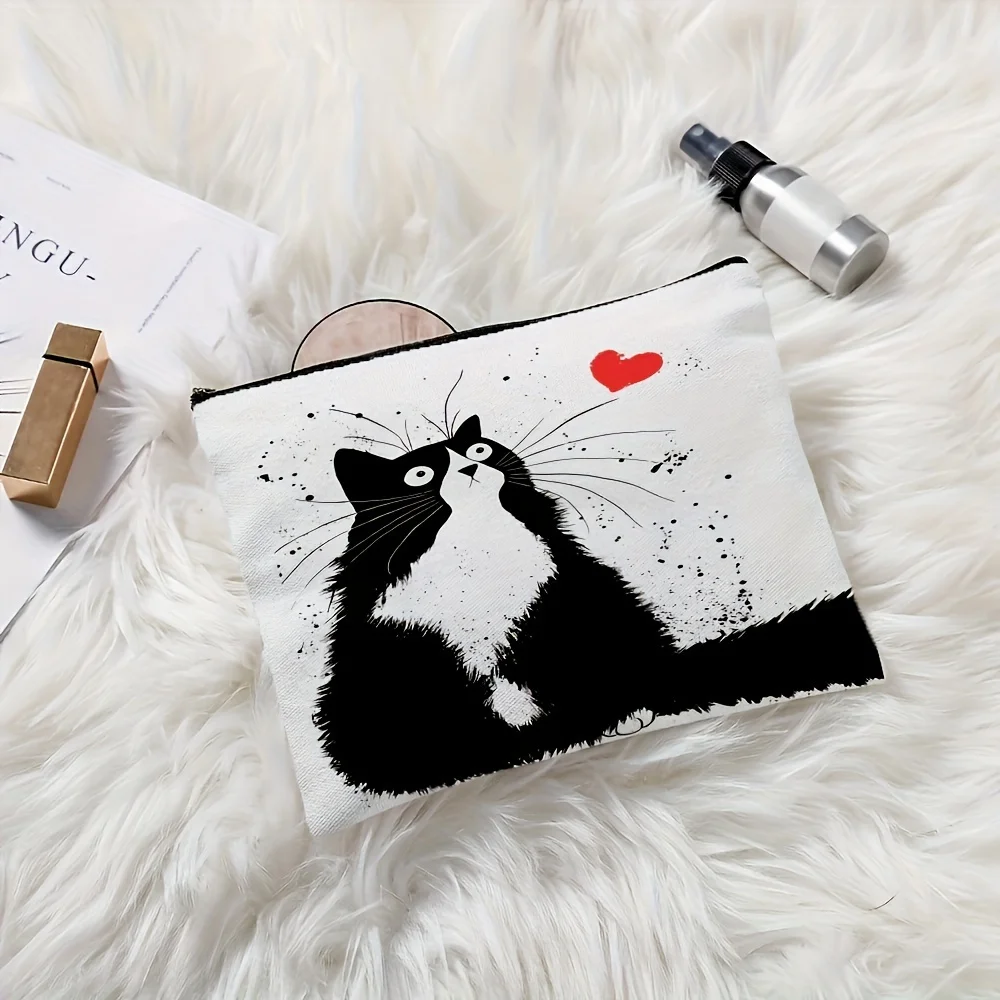 Cute Cats Pattern Linen Fabric Cosmetic Bag  Lightweight, Foldablet Makeup Organizer with Zipper Gift for Women and Friends