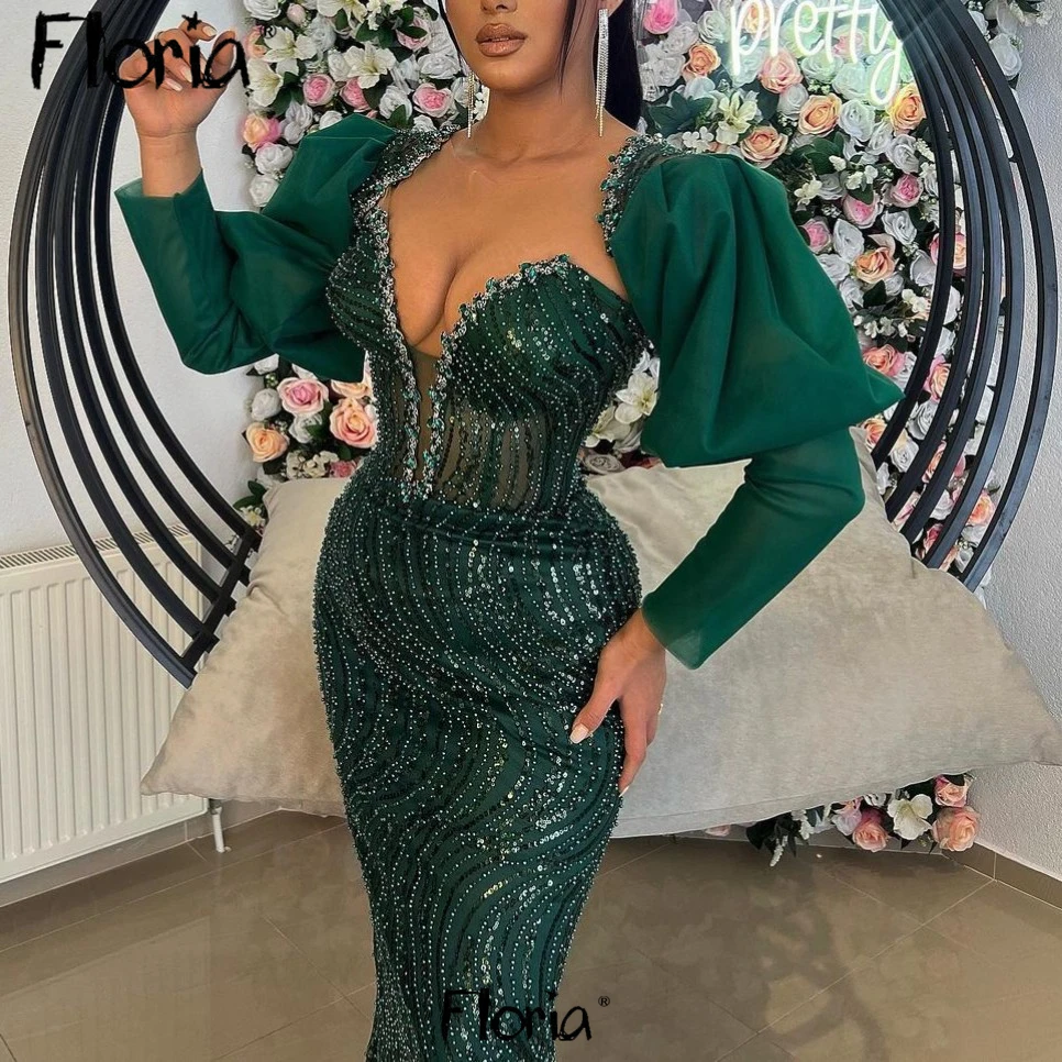 Bride's Mother Party Night Dress Luxury Emerald Green Long Sleeve Evening Dress Plus Size Custom Made Arabic Robes De Soirée