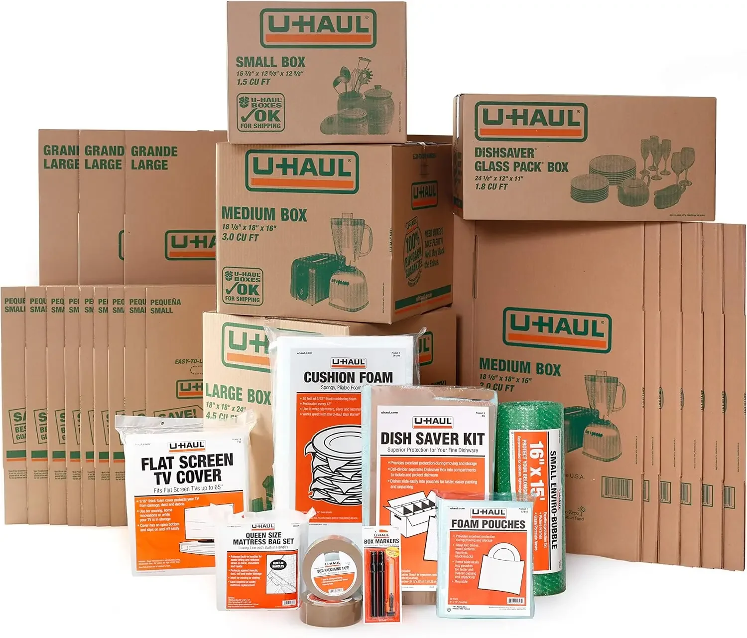 

Apartment Moving Kit 21 Boxes 1 Dish Packing Kit Foam Pouches Tape Mattress Bag TV Cover and Other Assorted Packing Supplies