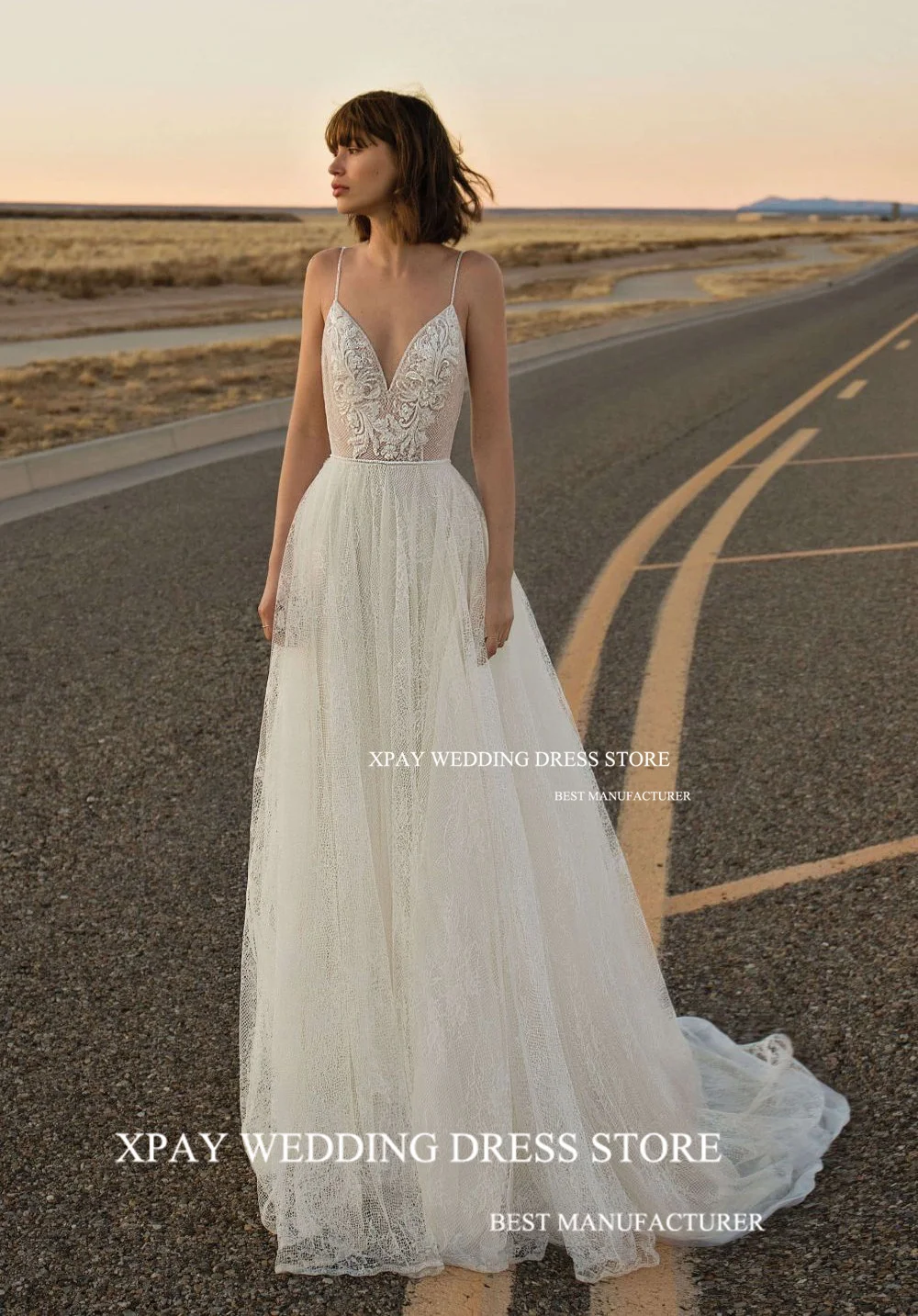 XPAY V Neck Spaghetti Straps Beach Boho Wedding Dresses Lace Appliques Open Back A Line Bride Gown Custom Made Vestidos De Novia