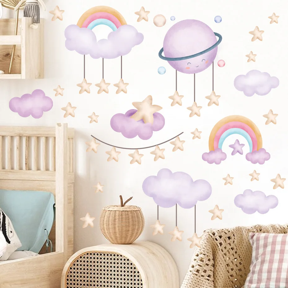 Cartoon Mauve Clouds Rainbow Wall Sticker Gold Star PVC Decals Self-adhesive for Baby Girls Bedroom Kids Room Nursery Decoration