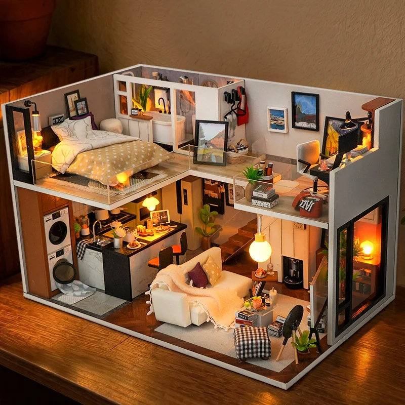 DIY Wooden Modern Loft Cottage Miniature Dollhouse 3D Puzzle Assembly Model Kits for Adults Birthday Gifts Toys Home Decor