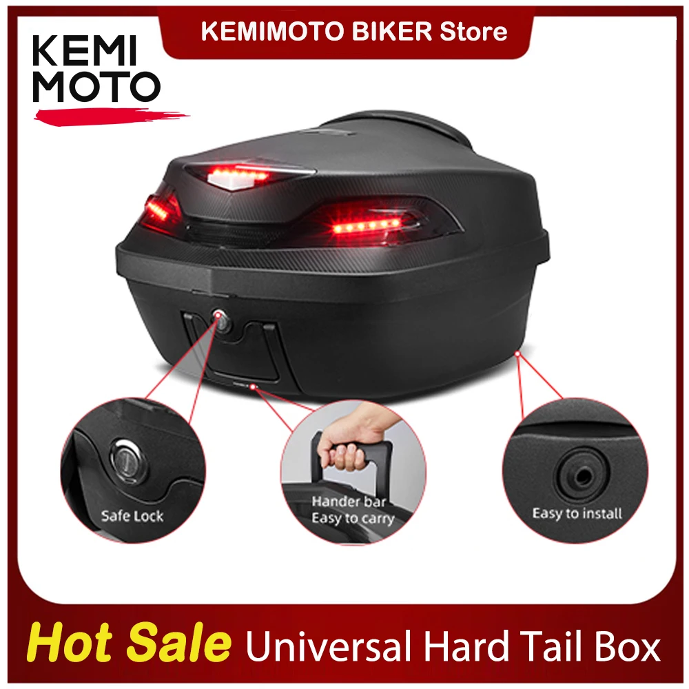 KEMIMOTO Universal 48L Secure Latch Motorcycle Rear Cargo Trunk Scooter Top Box Storage Luggage Topbox Case w/LED Taillight Bags