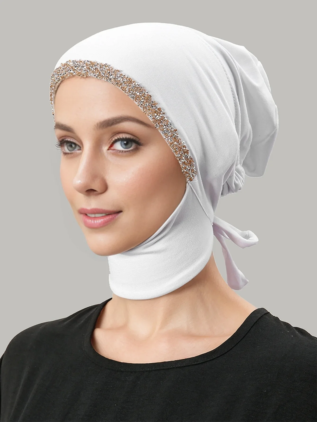 Stretch Beanies Women Muslim Underscarf Turban Diamonds Headscarf Inner Hijab Hat Bonnet Lace Up Headwear Head Neck Cover Cap