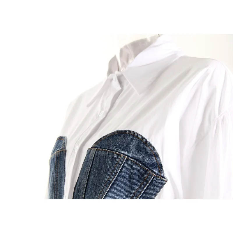 Women's Spring Autumn Shirt Jacket Fake Two Pieces Cowboy Splicing Outwear Design Luxury Brand Simple Fashion Comfortable Soft