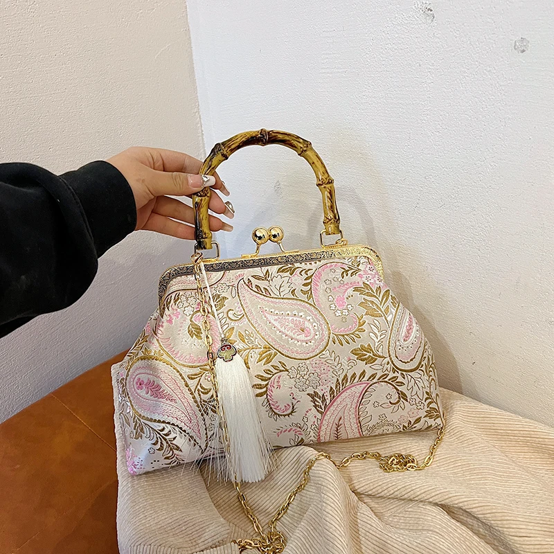 

Fashion 2025 Embroidered Shoulder Bag Women Elegant Metal Handle Purse with Detachable Chain Strap Bohemian Style Handbag wallet