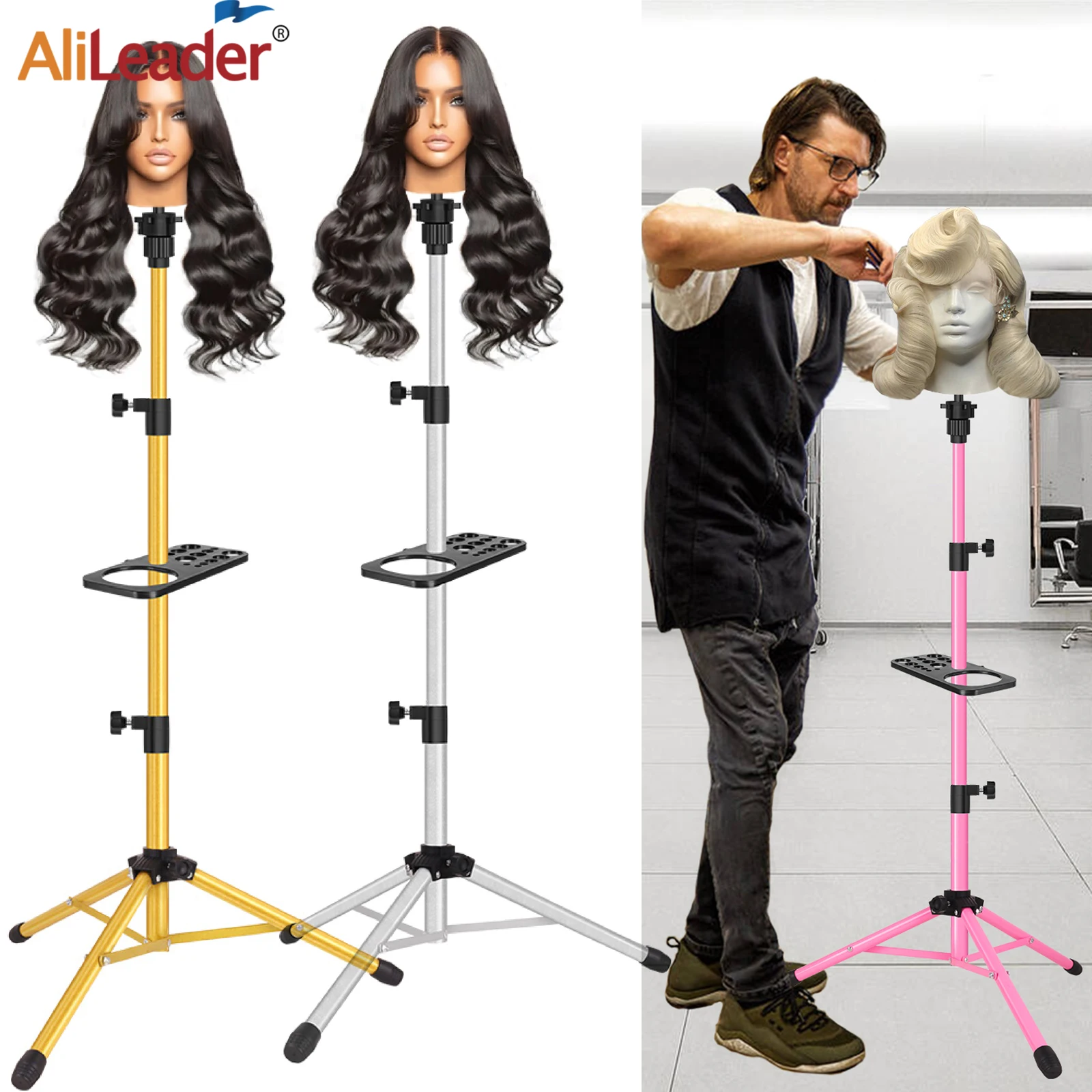 50Inch Wig Stand With Tray Heavy Duty Mannequin Head Stand Adjustable Fortripod Stand For Styling Wig Display Pink Golden Silver
