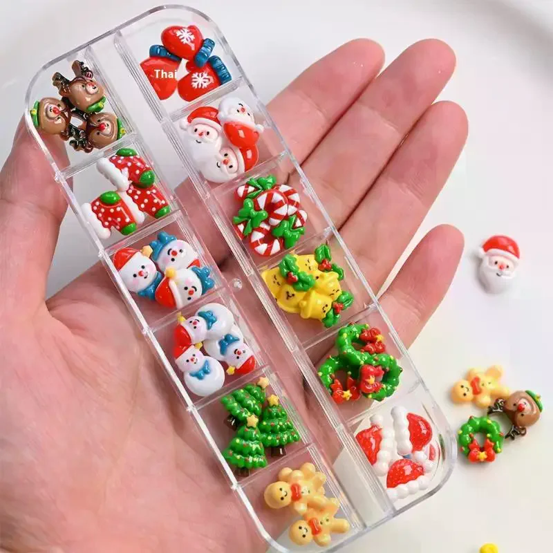 12 raster 36/60 stuks Kawaii Kerst 3D nagelbedels Sneeuwpop Kerstboom Rendier Kerstman Hars Steentjes Edelstenen voor nageldecoratie