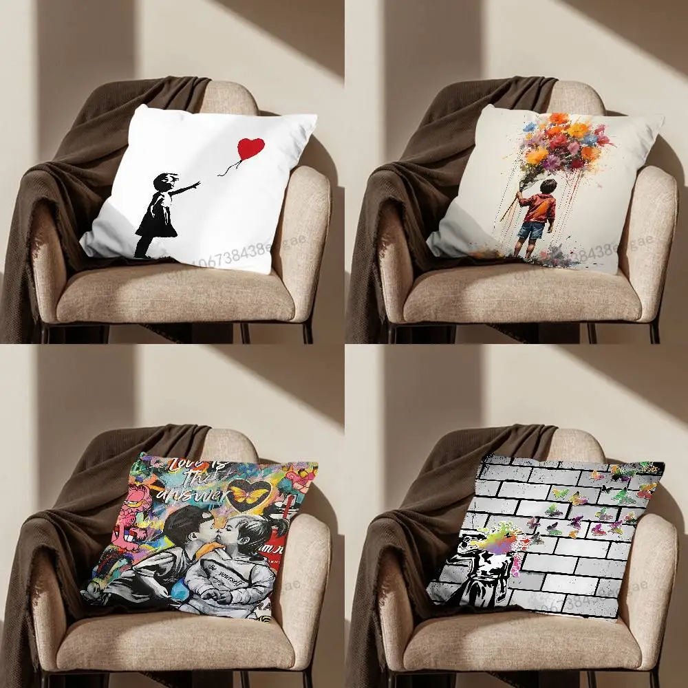 

Street Graffiti B-Banksy Art Throw Pillow Case For 45*45cm,55*55cm,30*30cm For Home Bedroom Decoration And Protector